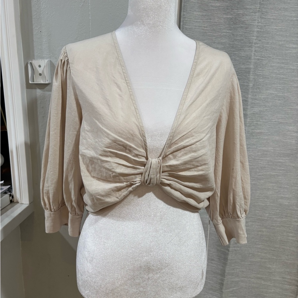 Young Fabulous & Broke Neutral Tie-Front Deep V Puff Sleeve Top